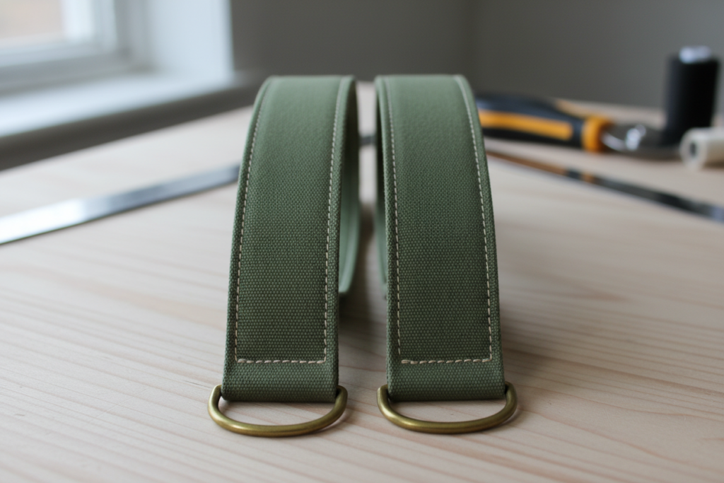 completed bag straps laid flat showing finished edges