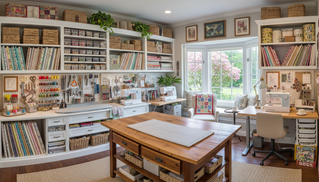 completed beautiful organized sewing room ready for creative projects