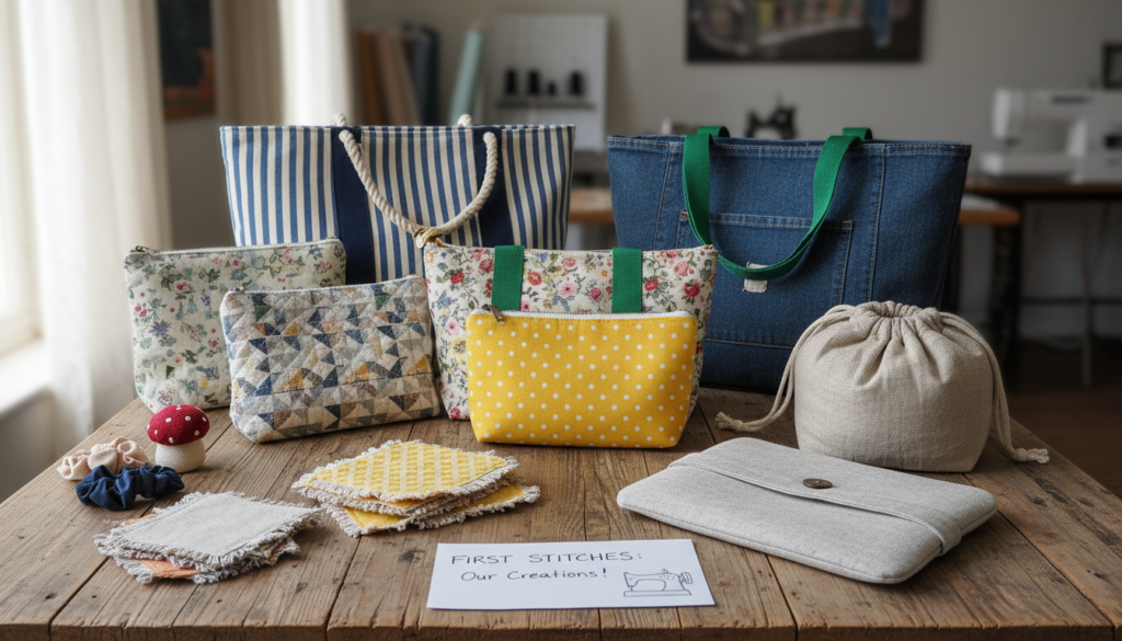 completed beginner sewing projects display