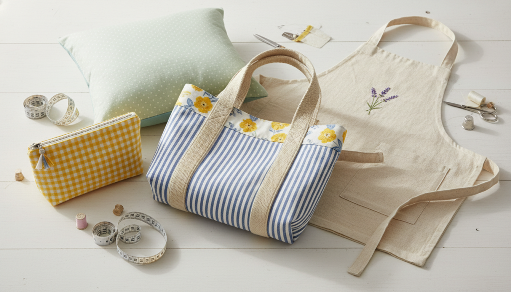 completed beginner sewing projects displayed together