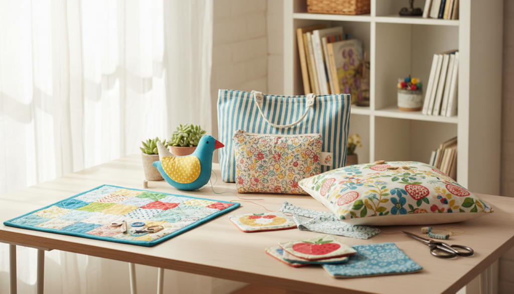 completed beginner sewing projects displayed together