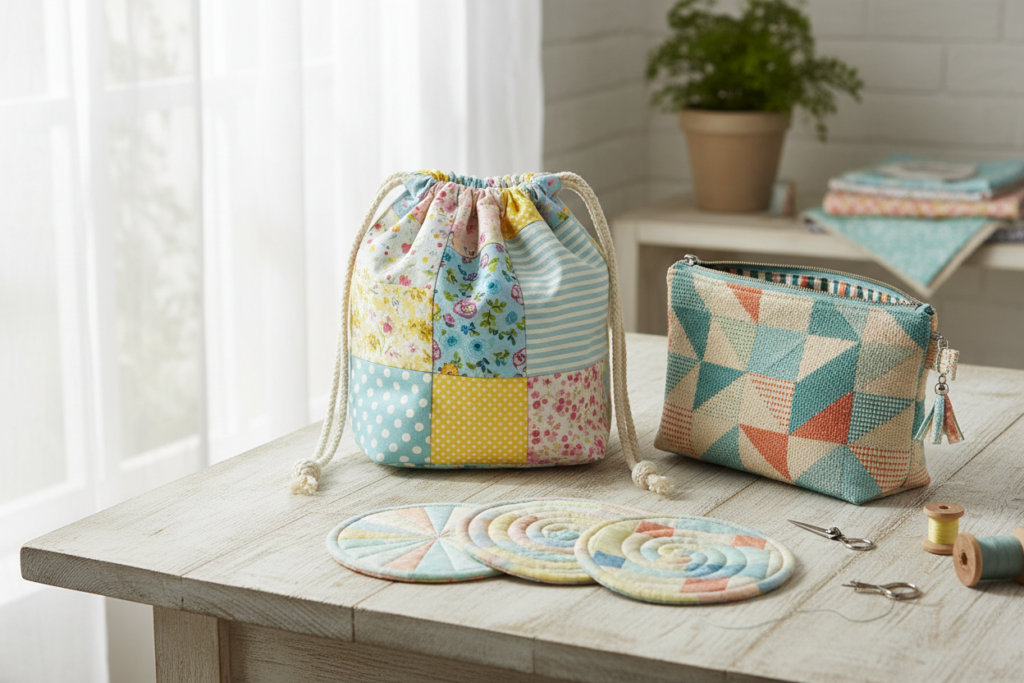 completed beginner sewing projects including drawstring bag and simple pouch