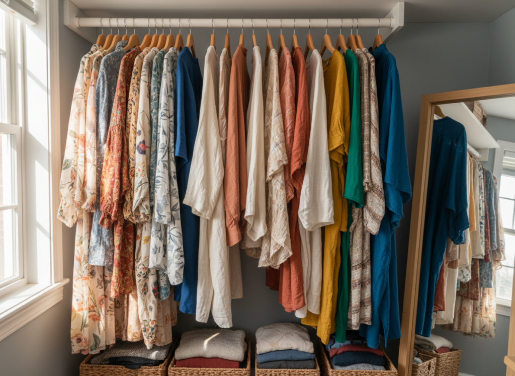 completed collection of handmade tops hanging in closet