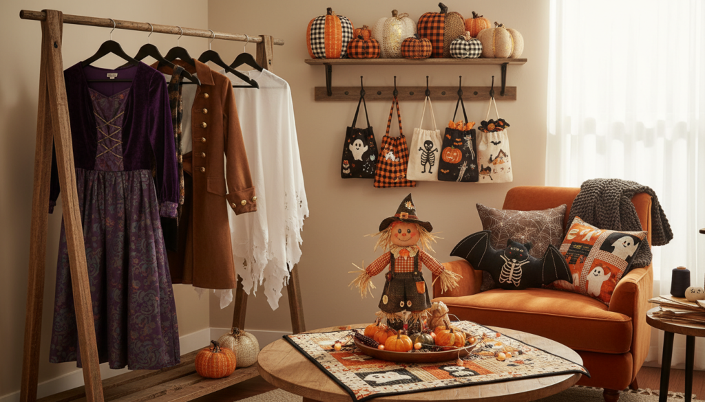 completed diy halloween sewing projects displayed together
