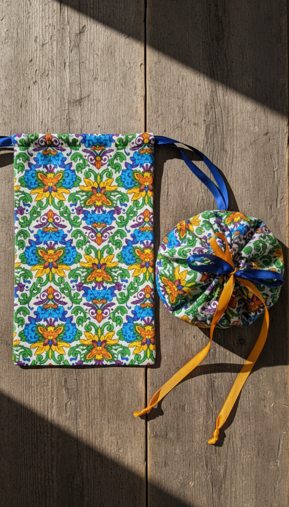 completed drawstring bag sewing project with pattern