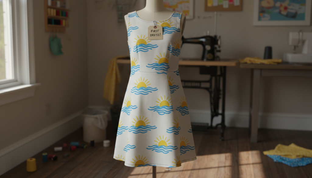 completed first dress project on dress form