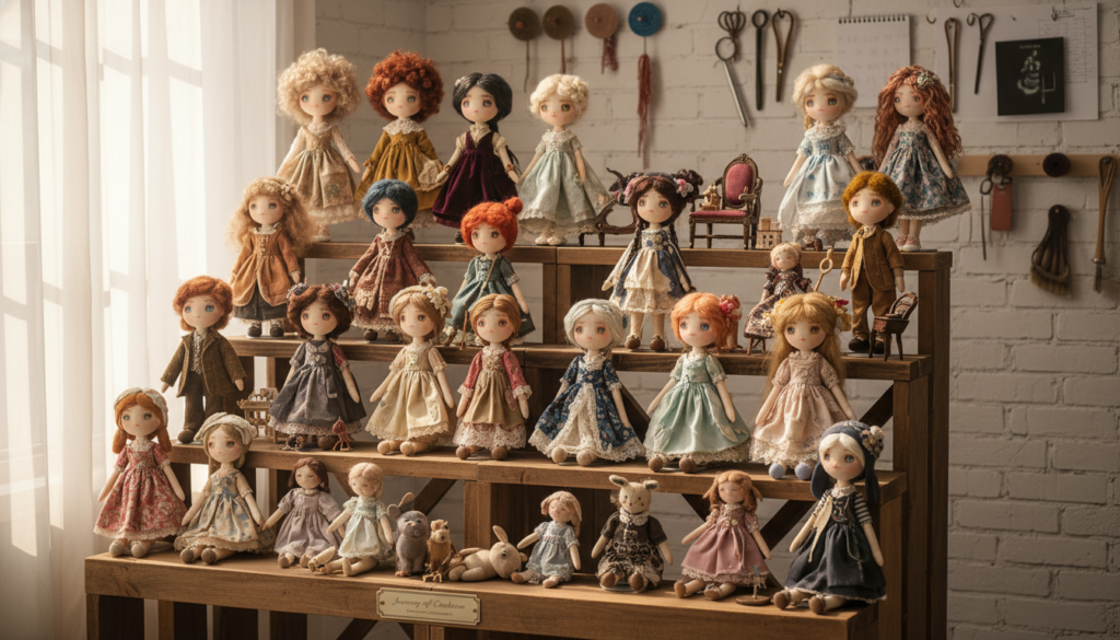 completed handmade dolls displayed together showing variety and quality