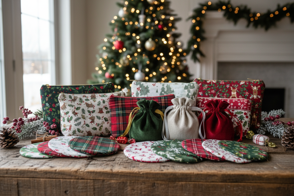completed quick sewing projects including fabric coasters and simple bags for Christmas