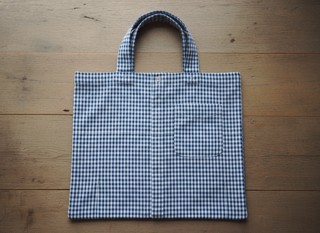 completed tote bag made from upcycled button-up shirt showing pocket details