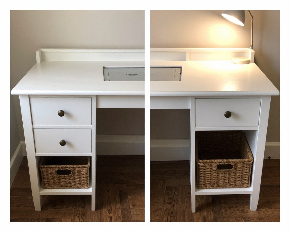 converted desk becoming sewing workstation