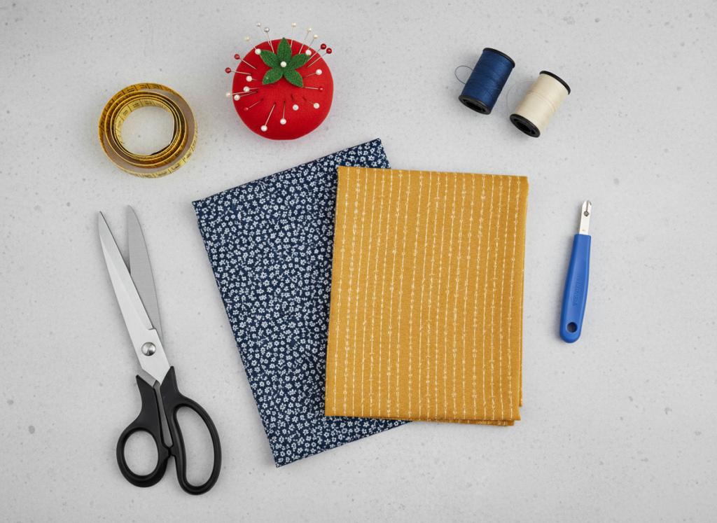 cotton fabric and sewing supplies laid out for tote bag sewing project