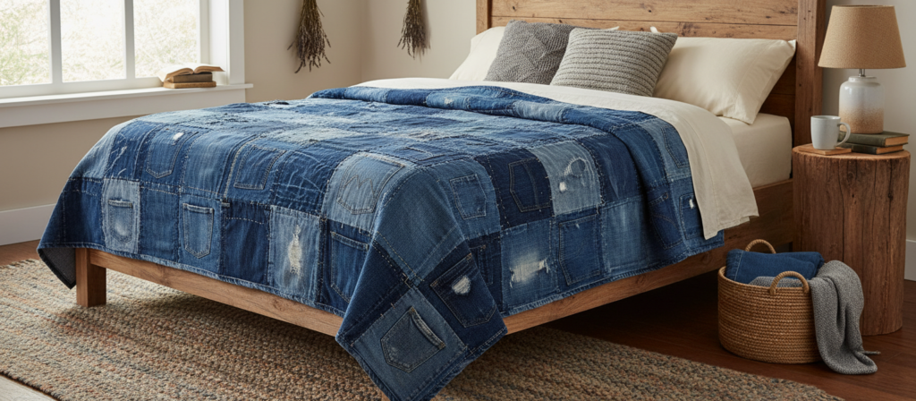 cozy denim patchwork quilt on bed showing different jean colors