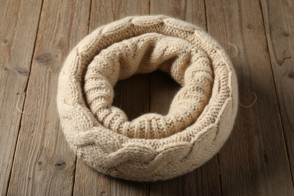 cozy infinity scarf made from sweater sleeve on wooden background