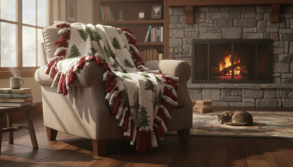 cozy no-sew fleece blanket with knotted edges in living room