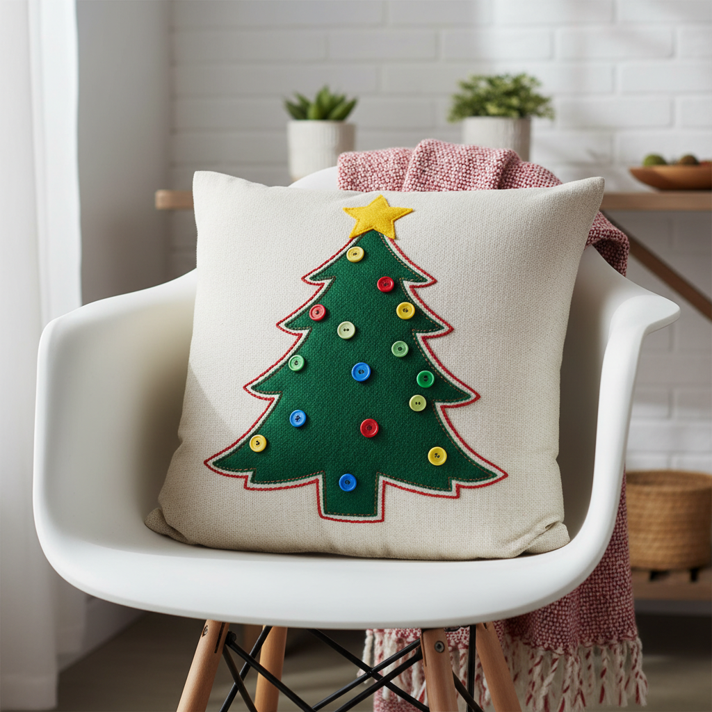 cream colored pillow with felt christmas tree applique and button decorations