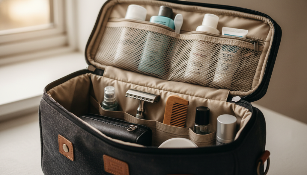 customized toiletry bag with interior pockets and organization features