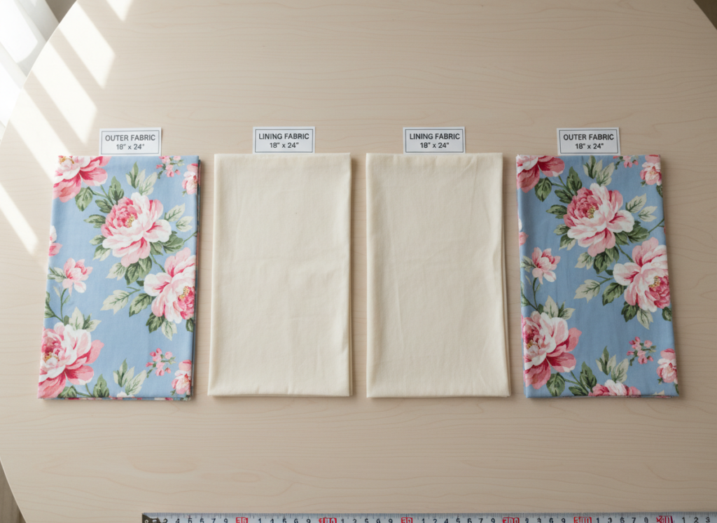 cut fabric pieces arranged showing outer and lining materials