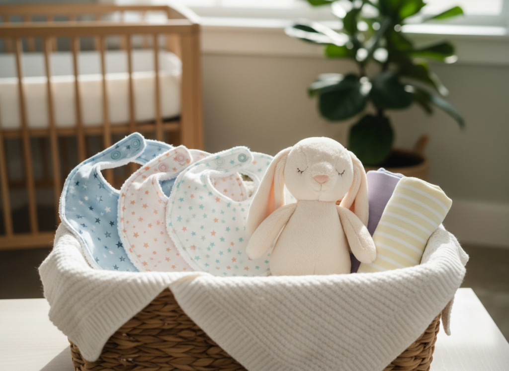 cute baby gifts including bibs and soft toys sewn for Christmas presents