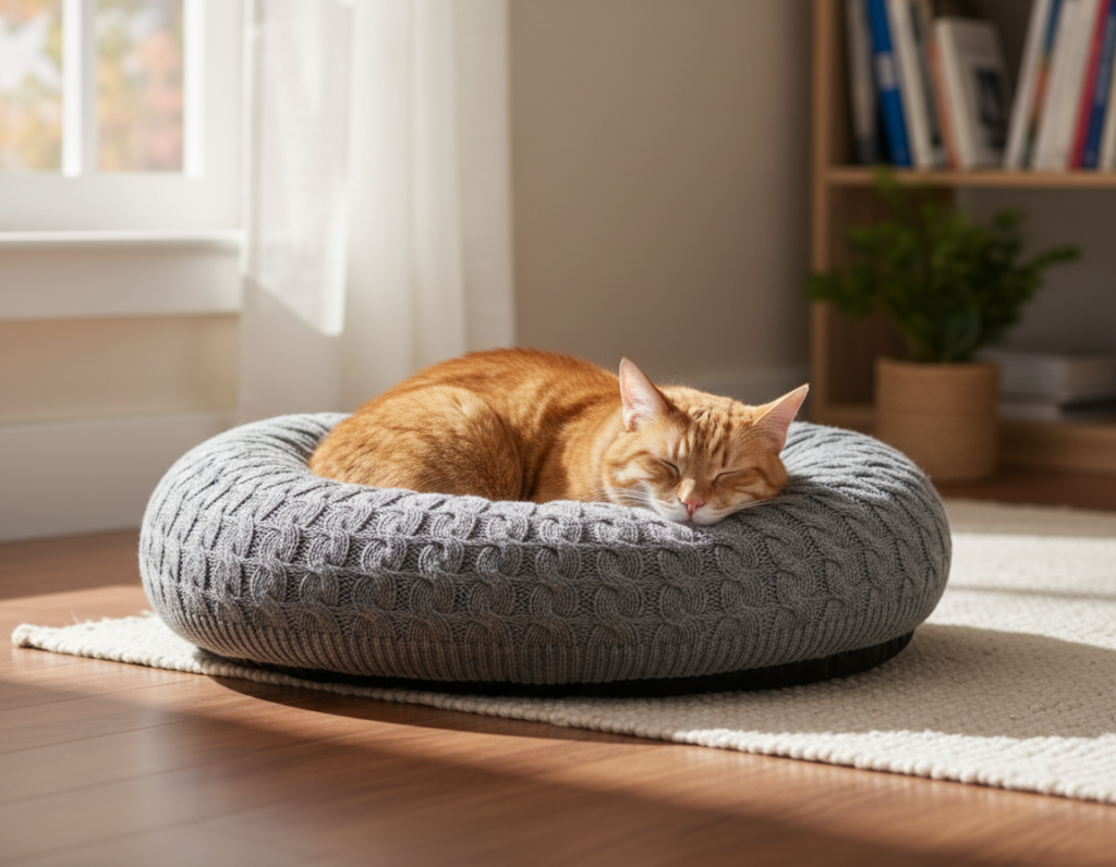 cute pet bed made from upcycled sweater with sleeping cat