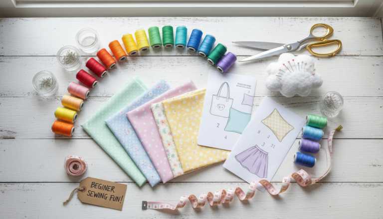 cute sewing projects for beginners featuring colorful fabric bunches and simple sewing tools