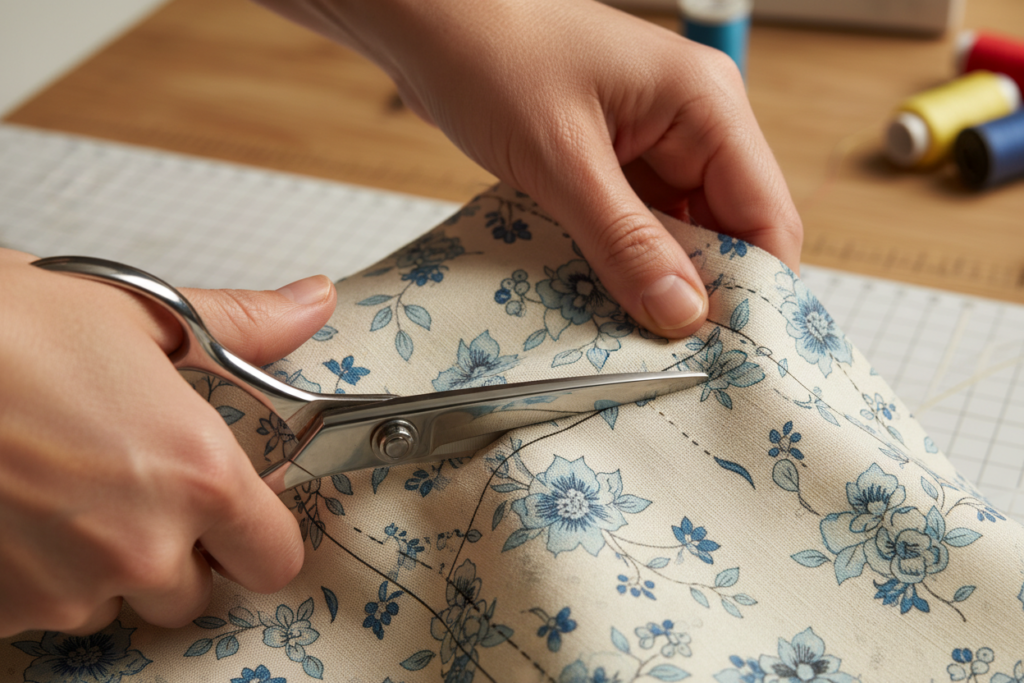 cutting barbie dress fabric with sharp scissors
