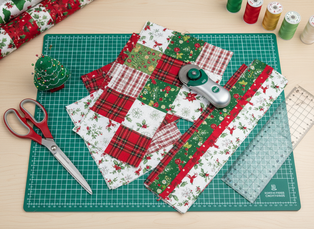 cutting mat with rotary cutter and precisely cut fabric pieces for christmas project