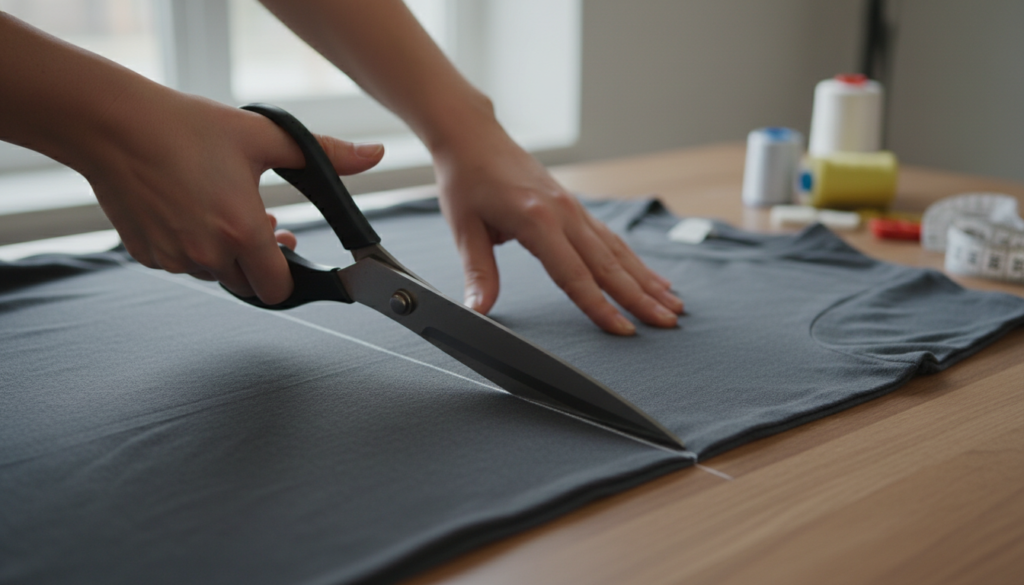 cutting v-neck on folded t-shirt with scissors