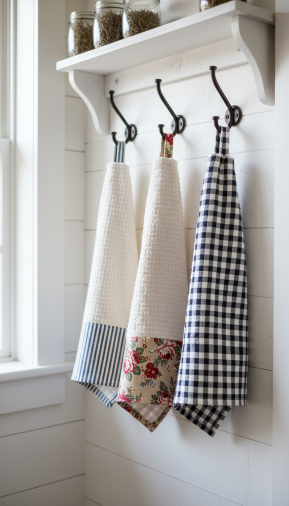 decorated kitchen towels hanging on hooks