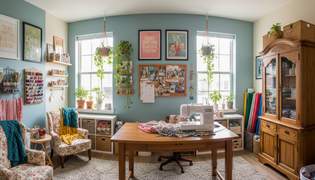 decorated sewing room with personal photos and inspirational quotes