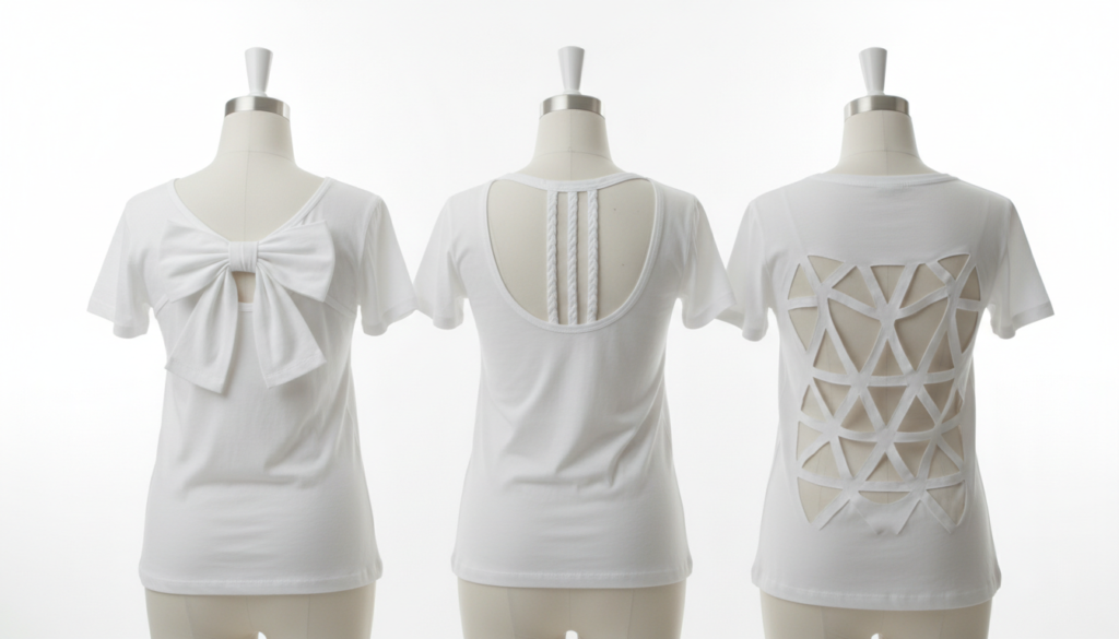 decorative back designs on t-shirts showing various cutting patterns