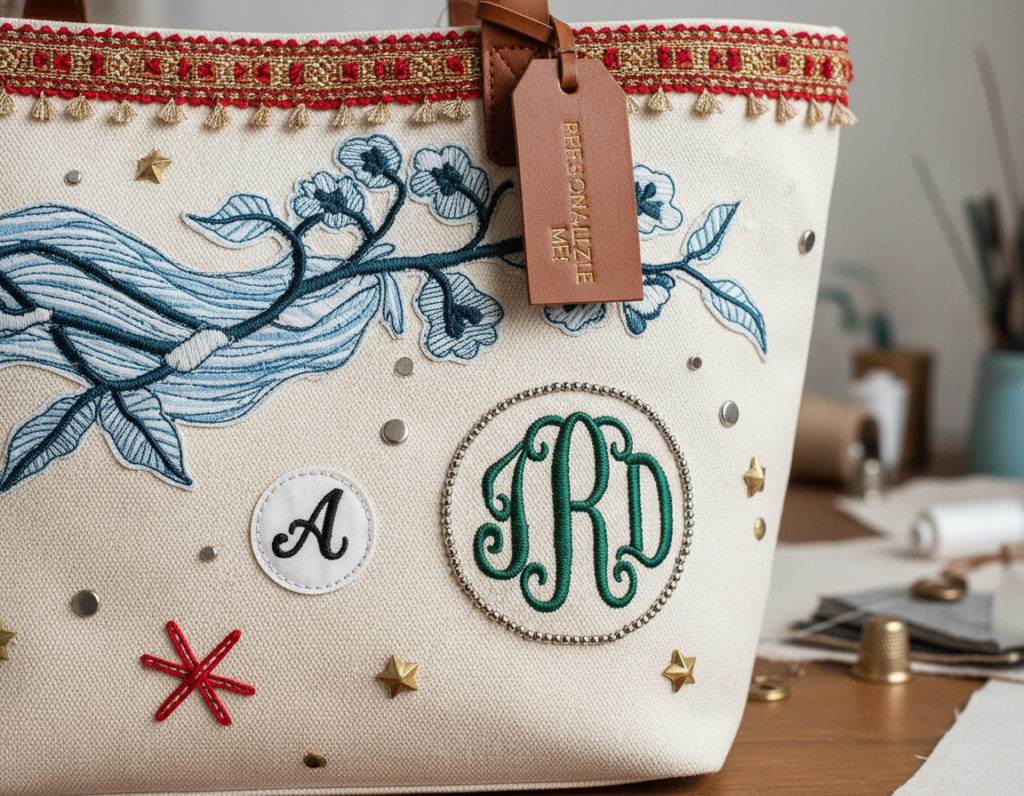 decorative embellishments on tote bag