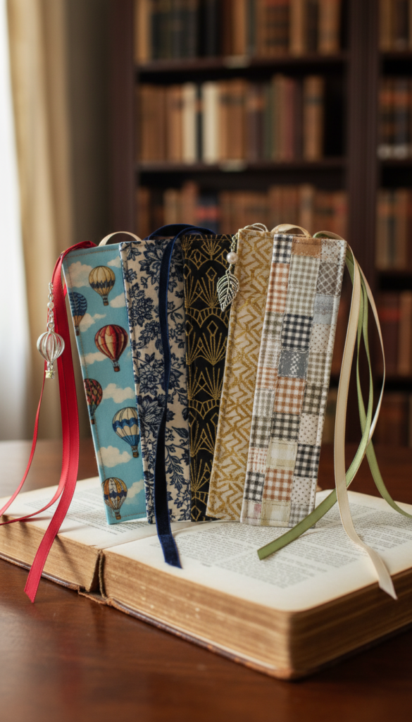 decorative fabric bookmarks with ribbon details