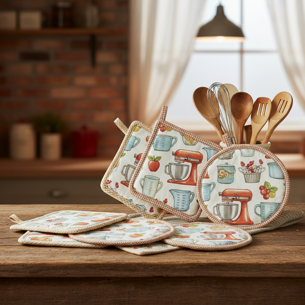 decorative fabric pot holders and hot pads in coordinating kitchen patterns
