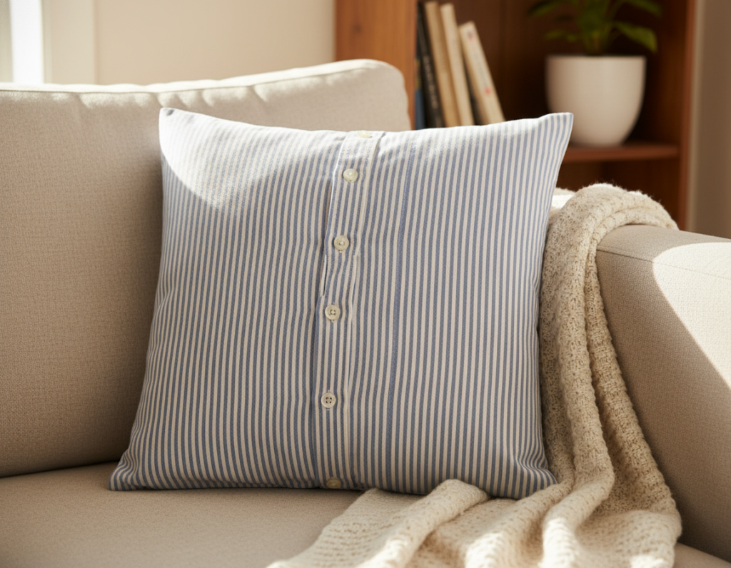 decorative pillowcase made from patterned dress shirt on couch