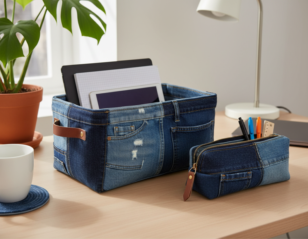 denim storage bin and pencil case made from recycled jeans