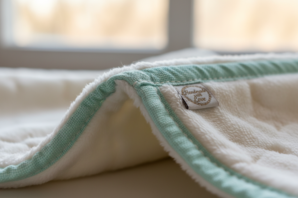 detail of baby blanket corner with topstitching
