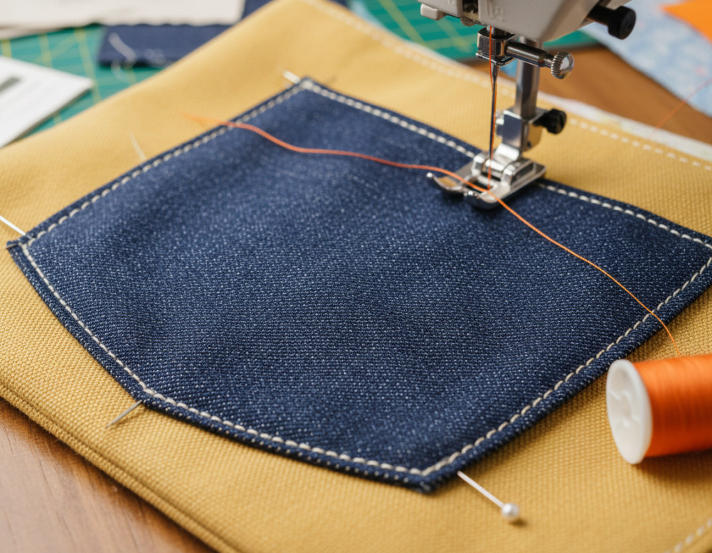 detail of pocket attachment on library bag showing stitching method