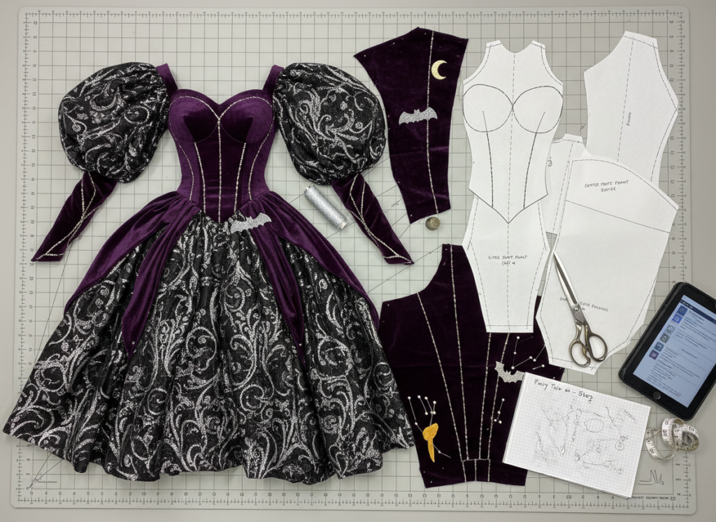 detailed halloween costume pattern pieces laid out showing complex dress construction