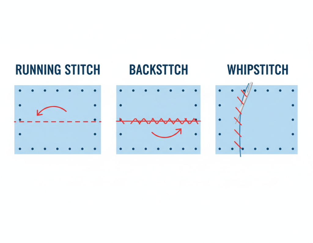 diagram showing basic hand sewing stitches including running stitch backstitch and whipstitch diagram showing basic hand sewing stitches including running stitch backstitch and whipstitch