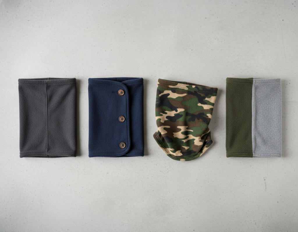 different fleece neck warmer styles in masculine colors