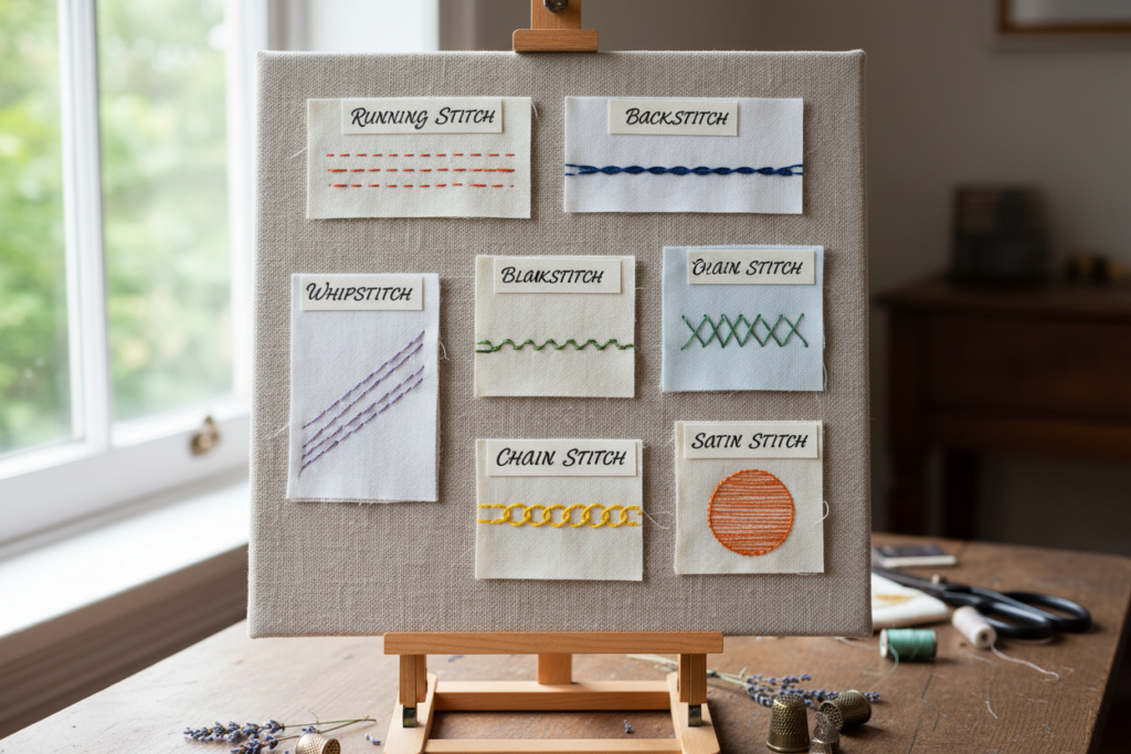 different hand sewing stitches demonstrated on fabric samples