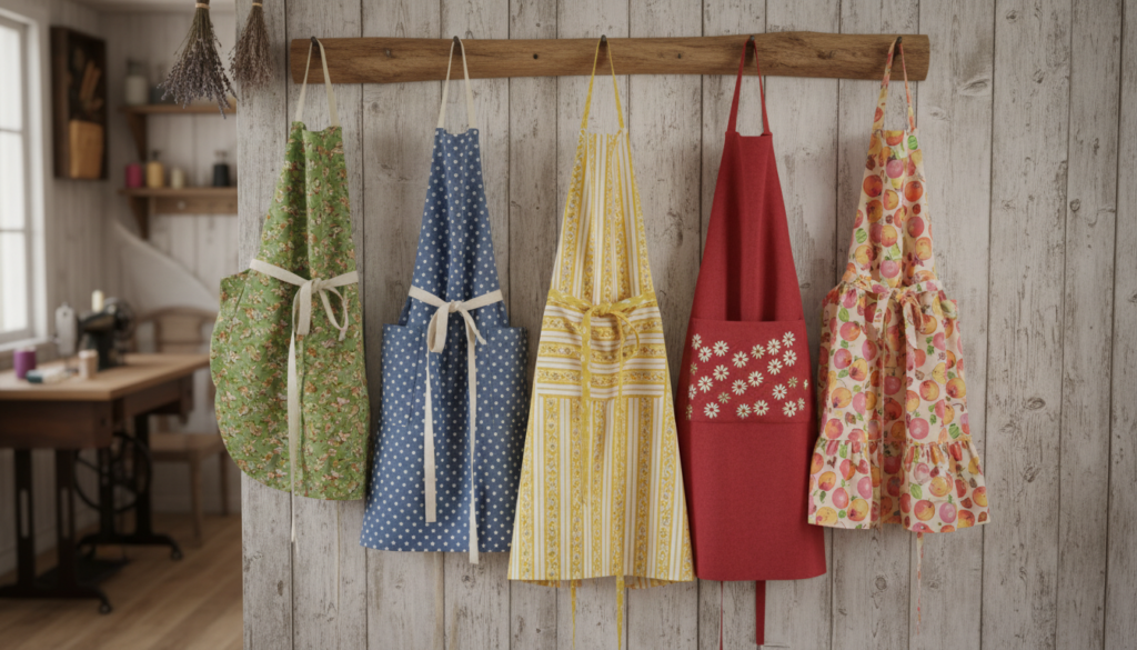 different styles of handmade aprons displayed