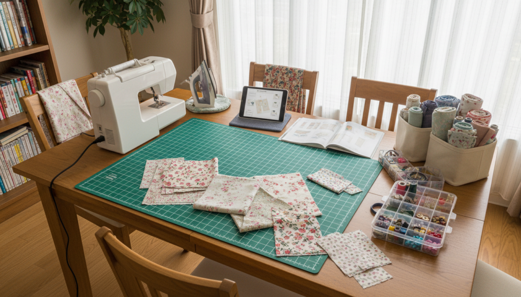 dining table set up as temporary sewing workspace