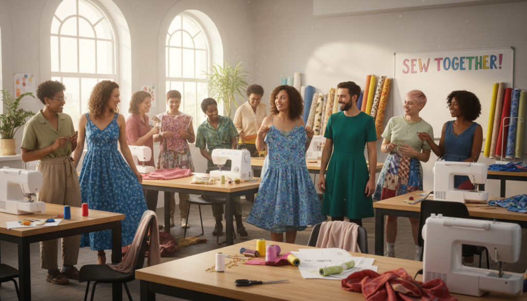 diverse group of people in sewing class sharing projects