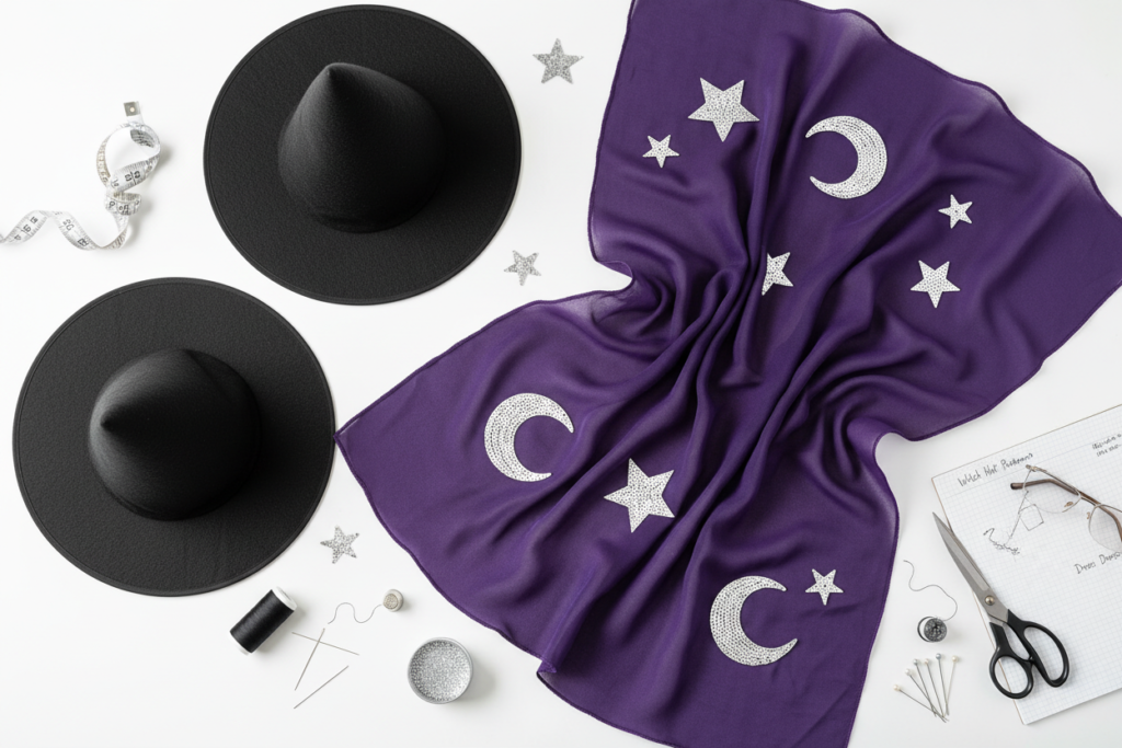 diy halloween costume pattern showing witch hat and dress components