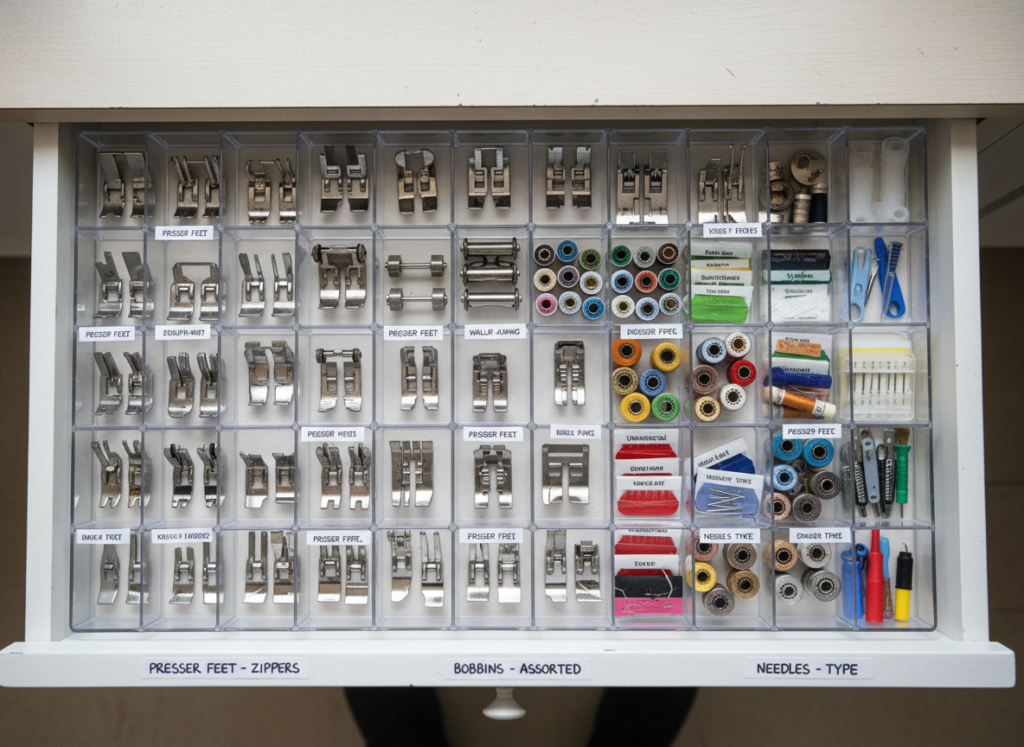 drawer organizers with sewing machine feet and accessories