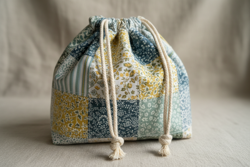 drawstring bag made from fabric scraps