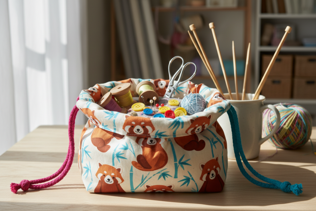 drawstring bag with colorful cord and simple construction