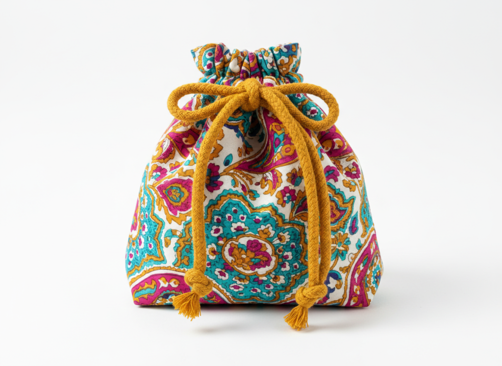 drawstring bag with colorful fabric and cord