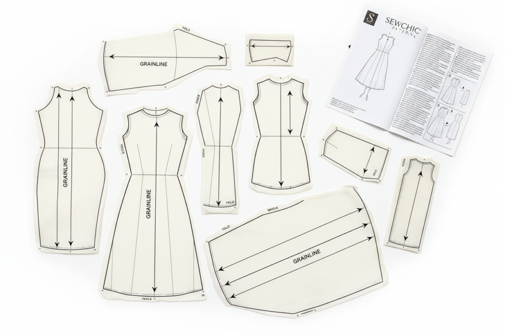 dress pattern pieces spread out showing markings and instructions